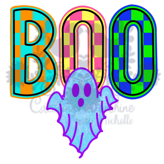 Neon Checkerboard Boo Ghost PNG Digital File