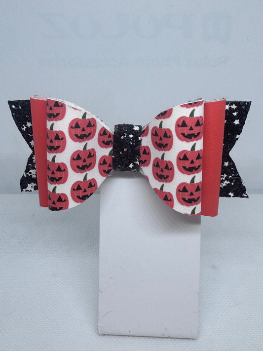 Happy Jack-o-lantern Faux Leather Hair Bow