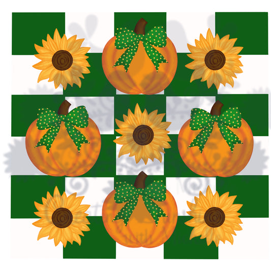 Pumpkins and Sunflowers with Dark Green Checkerboard PNG Digital File