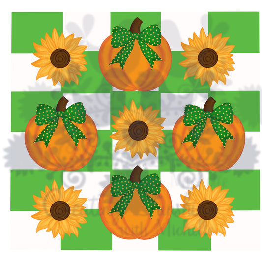 Pumpkins and Sunflowers with Light Green Checkerboard PNG Digital File