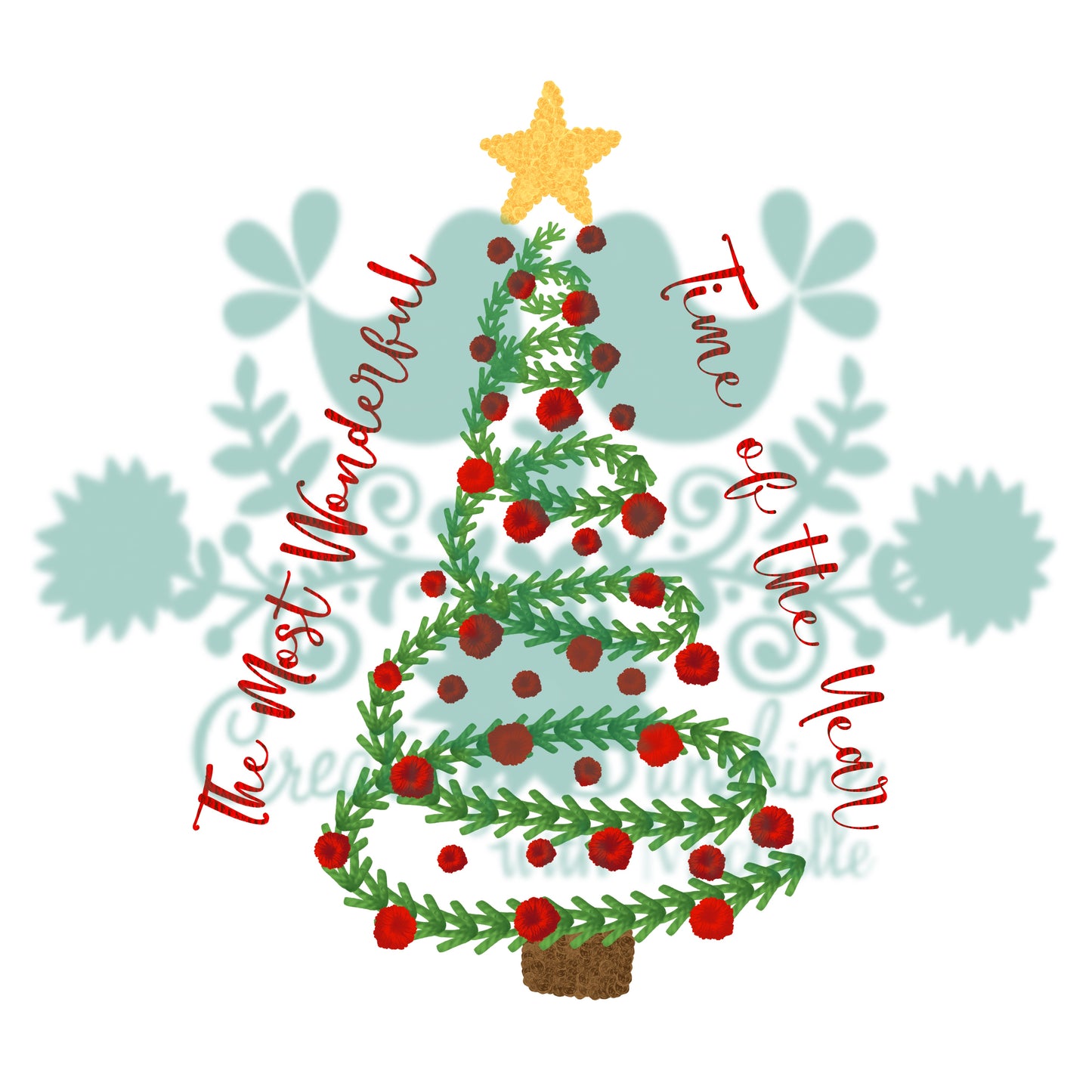 Christmas Tree Most Wonderful Time of the Year Faux Embroidery PNG Digital File