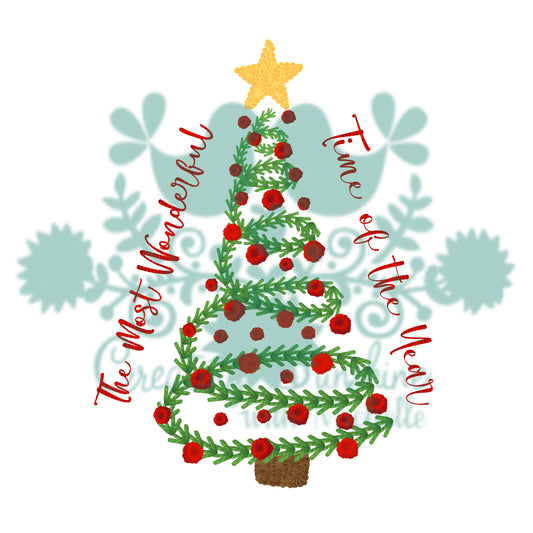Christmas Tree Most Wonderful Time of the Year Faux Embroidery PNG Digital File