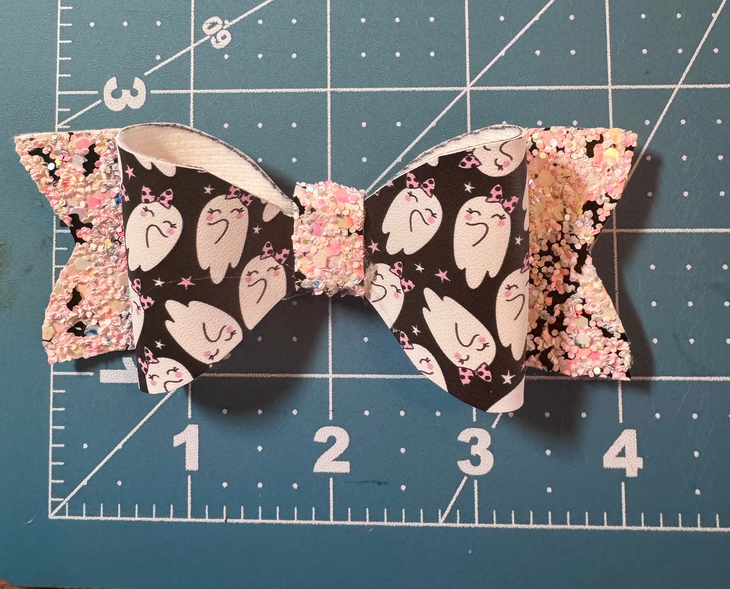 Ticked Pink Ghost Faux Leather Hair Bow