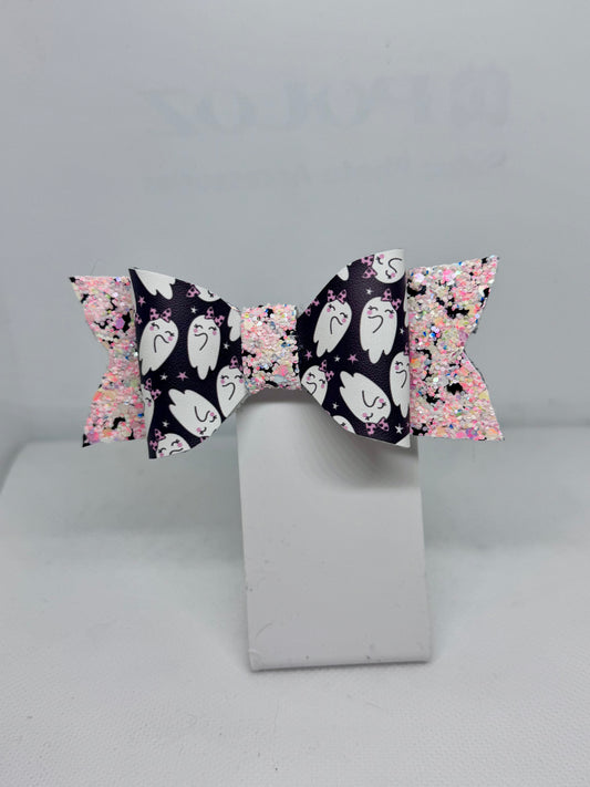 Ticked Pink Ghost Faux Leather Hair Bow