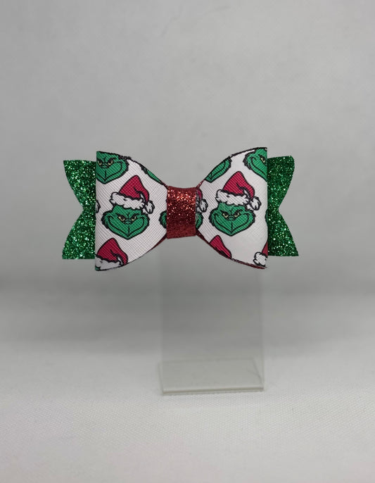 Resting Grinch Face Faux Leather Bow