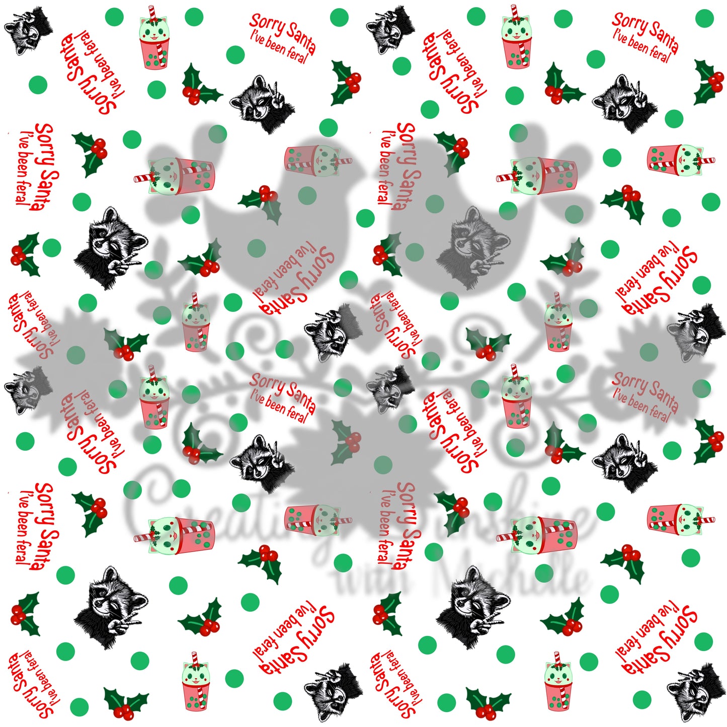 Raccoon Sorry Santa Feral Seamless Pattern PNG Digital File