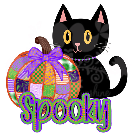 Spooky Cat with Patchwork Pumpkin PNG Digital File
